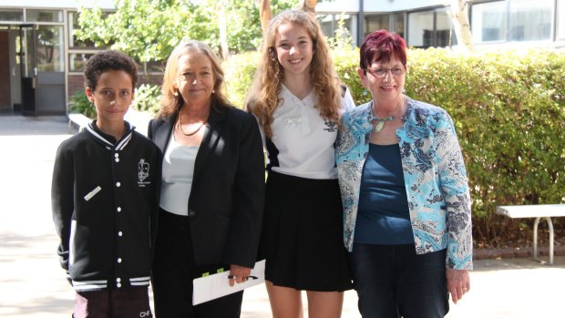 Canberra High School captains Mitchell Costello and Ineka Voigt with Minister for Education Joy Burch, and Member for Ginninderra Mary Porter on National Day of Action against Bullying and Violence.