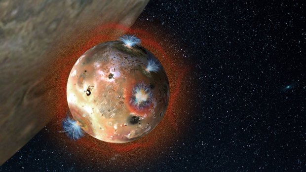 An artist’s rendering depicts Io’s volcanic plumes creating the atmosphere in sunlight.