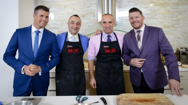 Pete Evans, left, contestants Luciano and Martino, and Manu Feildel on <i>My Kitchen Rules</i>.