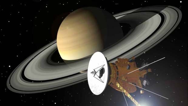 An artists' impression of the Cassini spacecraft approaching Saturn and its rings.