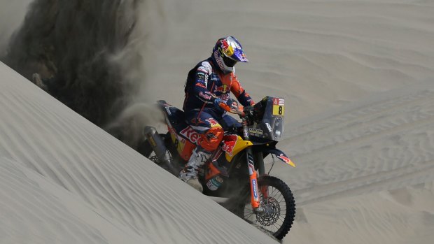 Toby Price rides his motorbike in Peru.