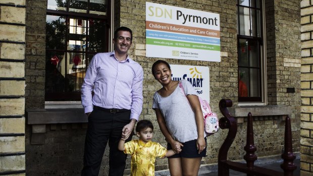 Lucky: Brian and Bootz Whyte, whose two-year-old daughter, Harper, attends SDN Pyrmont.