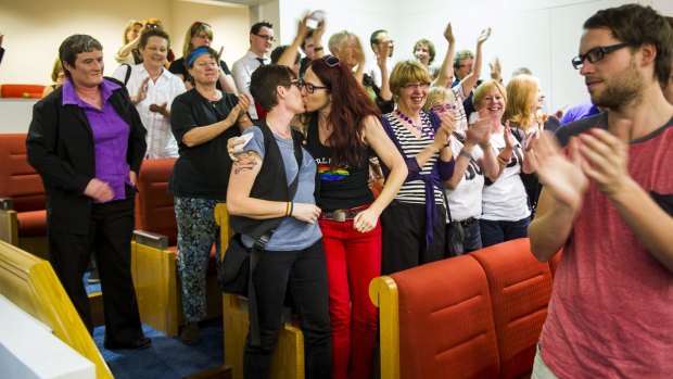 Julie Manyard and Frances Bodel celebrate the ACT government passing the same-sex marriage bill in 2013.