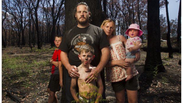 From left: Kutta Williams, 10, Vern Glenwright, Jet Williams, 6, Alicia Glenwright and Shea Glenwright, 1. The family's property was razed after the Lancefield fire.