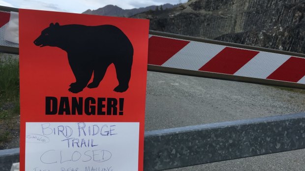 A warning sign posted after a fatal bear mauling at Bird Ridge Trail in Anchorage, Alaska. 