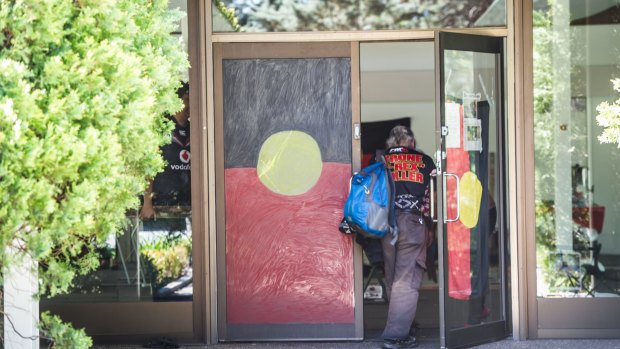 Tent Embassy residents have decorated the Lobby Restaurant building during their occupation.