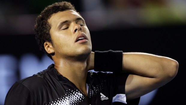 Jo-Wilfried Tsonga reacts after a point during the men's final against Novak Djokovic on January 27, 2008.
