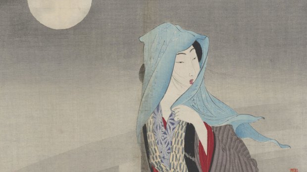 Keishu Takeuchi (1861-1942), Beauty under the moon (Gekka no bijin) 1896, in Melodrama in Meiji Japan.?From the Clough Collection of kuchi-e prints, National Library of Australia.