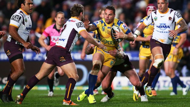 Looking to wear blue and gold earlier than expected: Anthony Watmough in Manly's superhero strip against Brisbane in August.