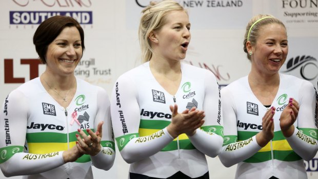 Anna Meares celebrates after winning the team sprint.