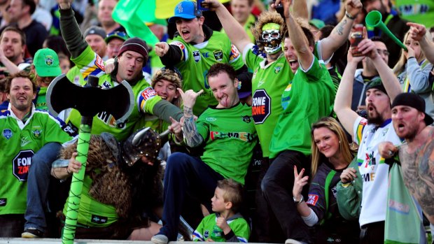 Raiders fans begin the celebrations at Canberra Stadium after beating Cronulla in the 2012 finals. 