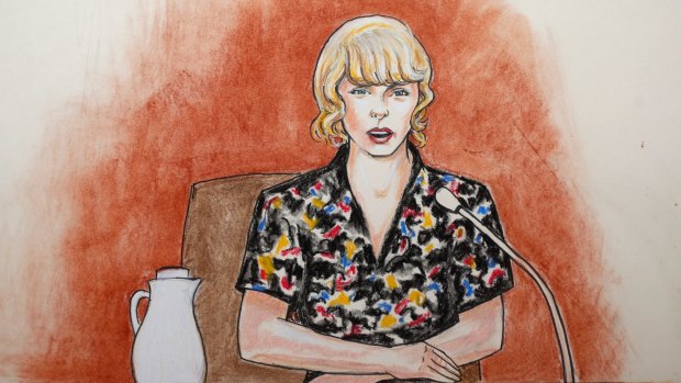 In this courtroom sketch, pop singer Taylor Swift testifies with clarity, strength and resistance.