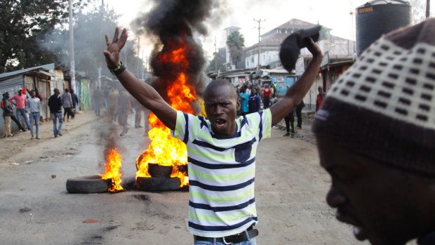 Supporters of Kenyan opposition leader Raila Odinga demonstrate in Kibera, Nairobi, Kenya.
