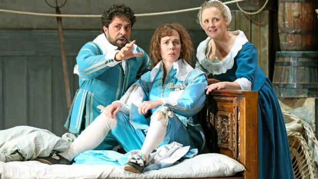 Paolo Bordogna (Figaro), Anna Dowsley (Cherubino) and Taryn Fiebig (Susanna) perform in Opera Australia's <i>The Marriage of Figaro</i>.