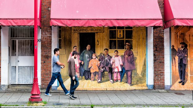 A historical mural on East Pender Street, Vancouver, depicting a Chinese laundry in 1884.