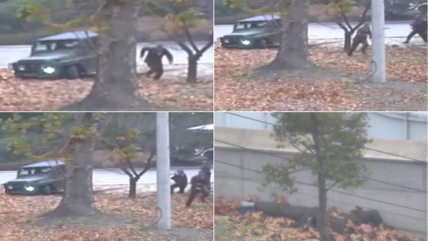 Surveillance video shows a North Korean soldier running from a jeep as he defects. He was later shot by North Korean soldiers.