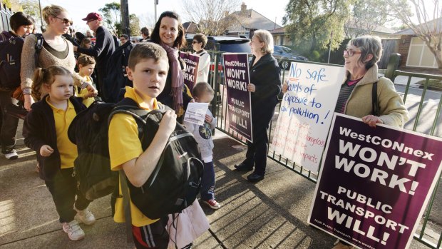 West Connex protesters outside Haberfield Public School.