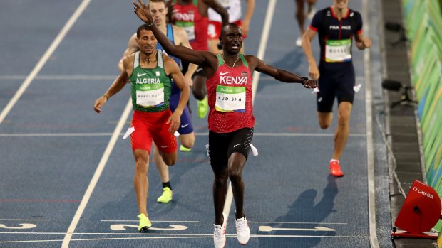 David Rudisha of Kenya crosses the line first in the men's 800m final.  