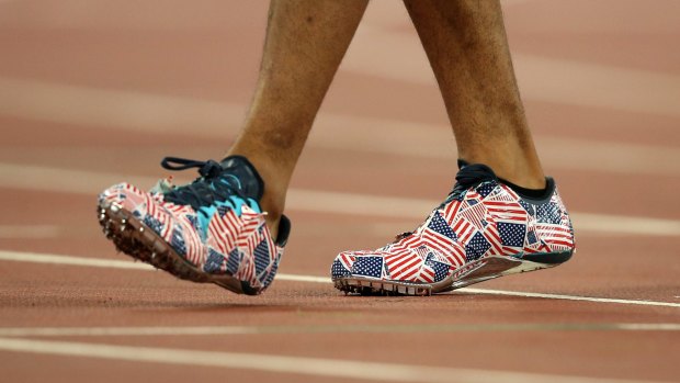 A close-up of the shoes worn by Johnny Dutch during the men's 400 metres hurdles heats during day one of the 15th IAAF World Athletics Championships in Beijing 2015.