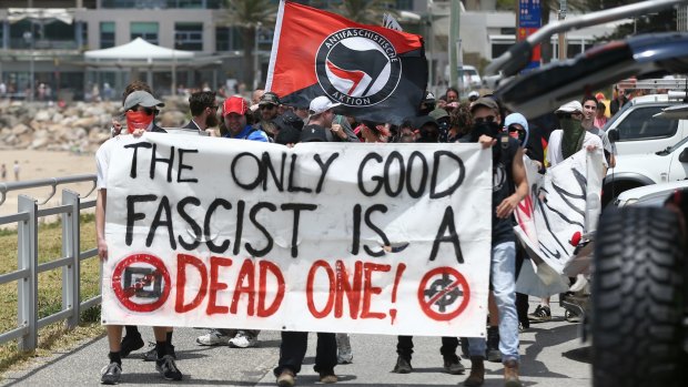 Members of the anti-fascist Antifa group at Cronulla on Saturday.