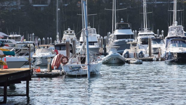 The damaged yacht moored in Rushcutters Bay after the accident.