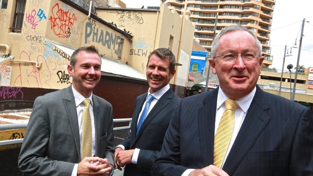 The member for Coogee, Bruce Notley-Smith (left), NSW Premier Mike Baird and Attorney General Brad Hazzard (right) pictured at some of the not so pretty parts of Bondi Junction.