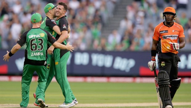 On his way: Melbourne Stars teammates celebrate with Daniel Worrall after his dismissal of Michael Carberry.