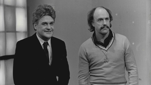 Max Gillies as the compere of a TV games show, with regular writer/actor John (Fred Dagg) Clarke in 1984.