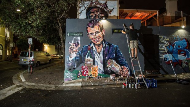 Scott Marsh's mural of Premier Mike Baird commenting on Sydney's lockout laws.
