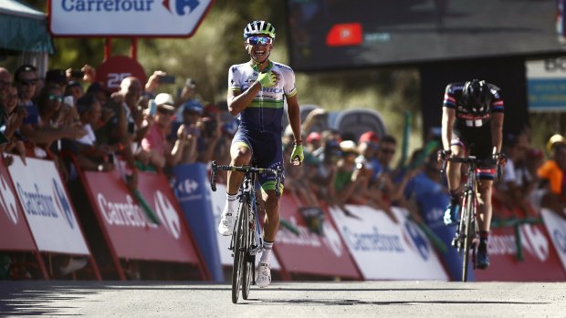 Orica-GreenEDGE rider Esteban Chaves of Colombia crosses the finish line to win the second stage of the Vuelta. He also won the sixth stage.