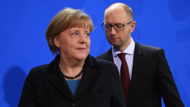 Geman Chancellor Angela Merkel and Ukraine's Prime Minister Arseniy Yatsenyuk met in Berlin following the hacking.
