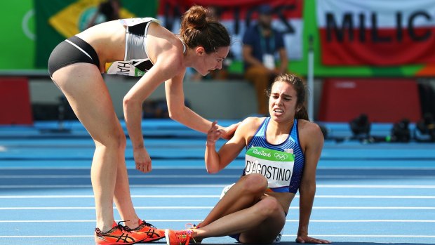 True sportsmanship: Nikki Hamblin, left, checks on American runner Abbey D'Agostino.