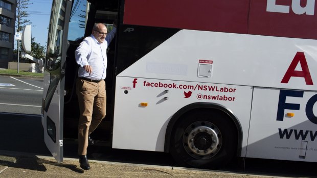Bussed in: The NSW Labor leader on the campaign trail. 