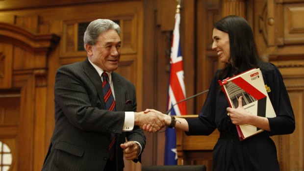 New Zealand First leader Winston Peters with prime minister-designate Jacinda Ardern.
