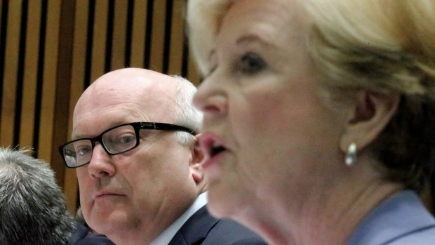 Attorney-General George Brandis and Professor Gillian Triggs, President of the Human Rights Commission, during Tuesday's Senate hearing.