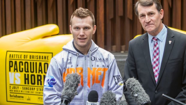 Final-week nerves: Brisbane welterweight contender Jeff "Hornet" Horn, with his second cousin, Brisbane Lord Mayor Graham Quirk, in the Queen Street Mall. 