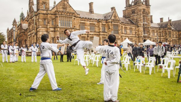 Jump to it: Clubs and societies take part in Sydney University's Info Day in early January.