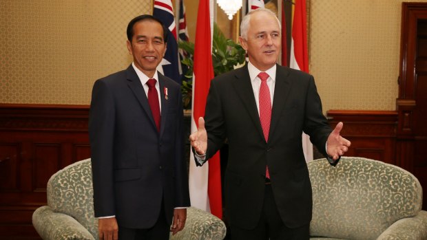 Malcolm Turnbull and Indonesia President Joko Widodo at Admiralty House in Sydney on Sunday.
