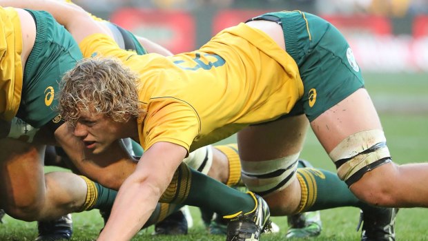 Ned Hanigan packs down in a scrum during his Wallabies debut against Fiji. 
