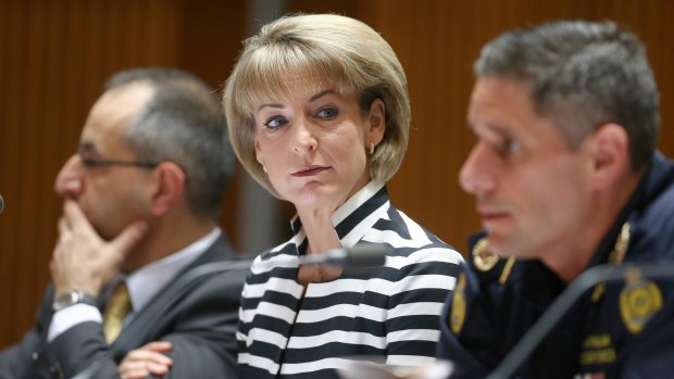 Secretary of the Department of Immigration and Border Protection Michael Pezzullo, Minister for Employment and Minister for Women Michaelia Cash and Australian Border Force Commissioner Roman Quaedvlieg during a Senate hearing on Monday.