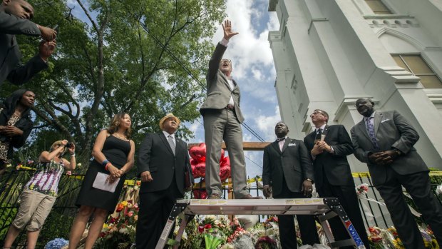 Reverend Patrick J. Mahoney, director of the Christian Defence Coalition, preaches to a crowd outside the Emanuel African Methodist Church in Charleston on Saturday.