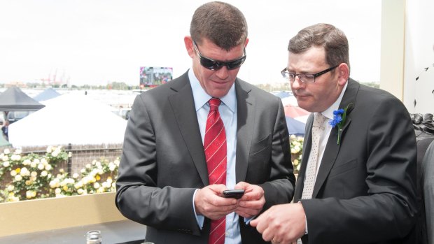 On track: Crown Resorts boss James Packer and then Victoria Opposition Labor leader Daniel Andrews in the Crown Marquee at Victoria Derby Day, 2012. 