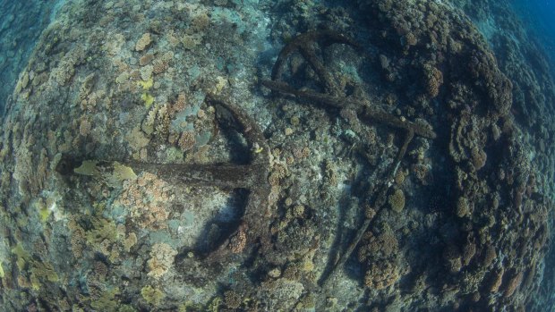A cluster of mid-19th century Admiralty Pattern anchors found at one of the shipwreck sites discovered at Kenn Reefs.