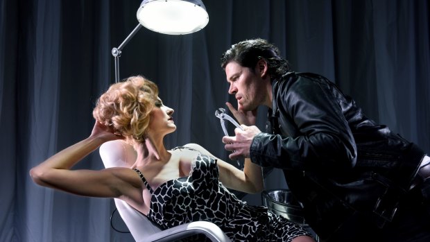 Too close for comfort: <i>Little Shop of Horrors</i> actors Esther Hannaford and Scott Johnson crowd a dentist chair.