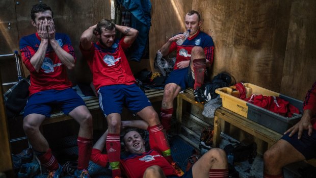 Inside the Garrison Gunners changing room at half time on match day in the Isles of Scilly.