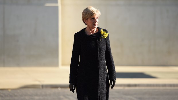 Foreign Minister Julie Bishop, pictured arriving for a MH17 memorial service in Canberra earlier this month, is in New York to convince Russia and allies to back an independent tribunal to prosecute those responsible.