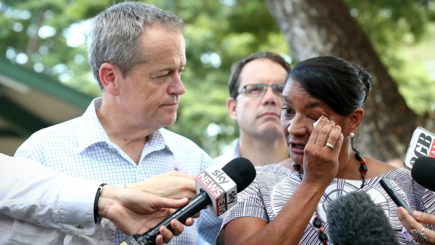 Opposition Leader Bill Shorten with Senator Nova Peris after she spoke about her departure from politics in Darwin on Thursday.