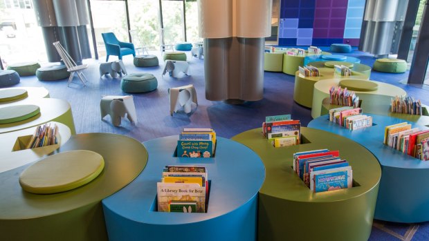 The "nest", the children's section on the first floor, features furnishings designed to resemble The Very Hungry Caterpillar.