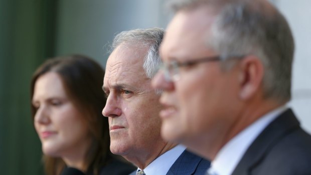 Treasurer Scott Morrison (right) with Prime Minister Malcolm Turnbull and Minister for Small Business and Assistant Treasurer Kelly O'Dwyer.