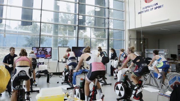 Cyclists at the Australian Institute of Sport physiology lab during tests to measure the effects of calcium loading on performance.